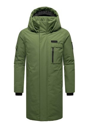 Grüne isolierte Parka mit Kapuze, ausgestattet mit einem Frontreißverschluss, seitlichen Taschen und einer Brusttasche mit Reißverschluss, aus glattem, wasserabweisendem Stoff.
