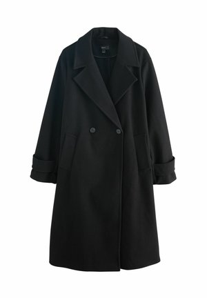 Black wool blend coat with a double-breasted design, large lapels, two front pockets, and rolled cuffs. Smooth texture and tailored silhouette.