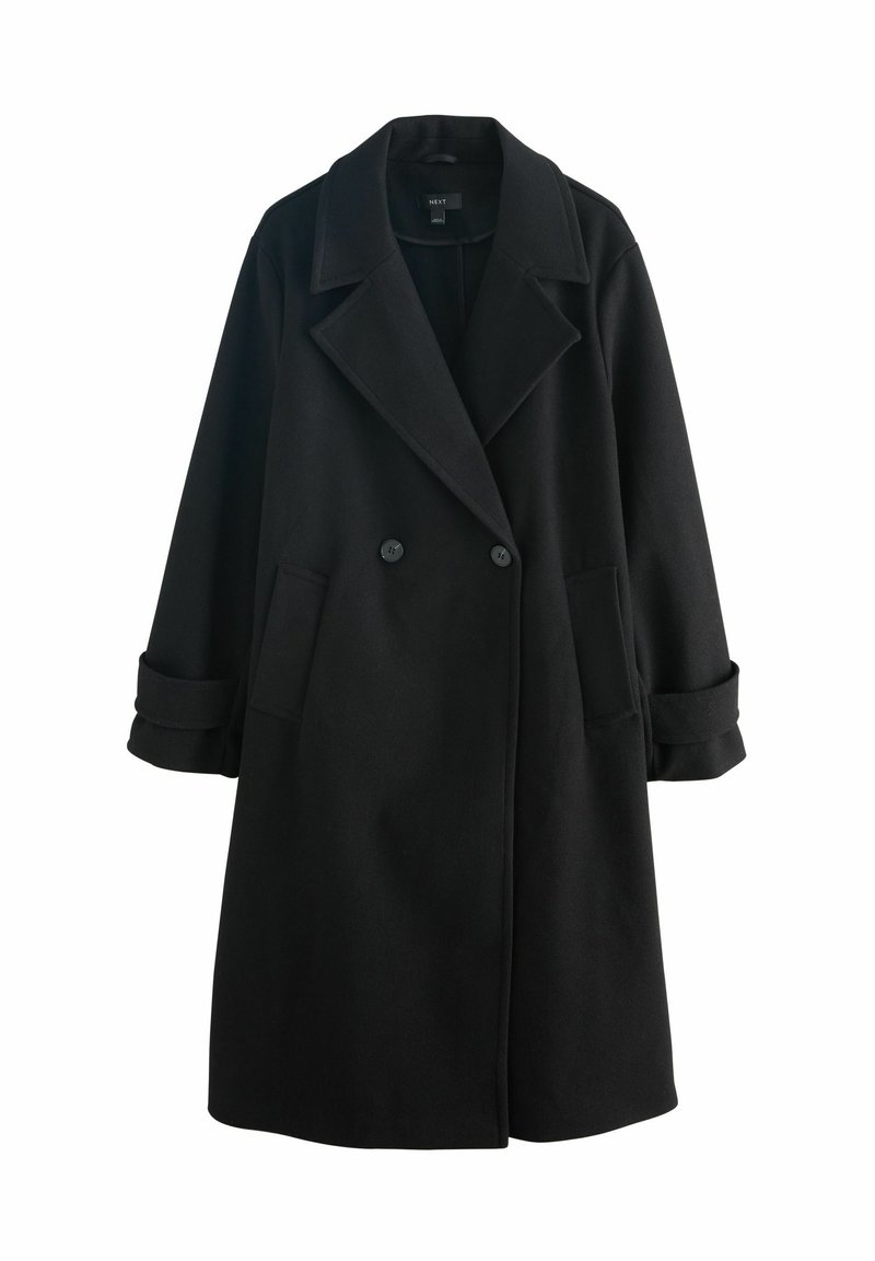 Melna vilnas maisījuma mēteli ar dubultu krūšu dizainu, lieliem uzvārdiem, divām priekšējām kabatām un rullētām piedurknēm. Gluda tekstūra un piegriezta siluets.