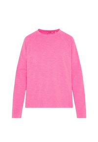 Langärmliges, pinkes Rundhals-T-Shirt mit melierter Textur, schlichtem Design und Raglanärmeln.