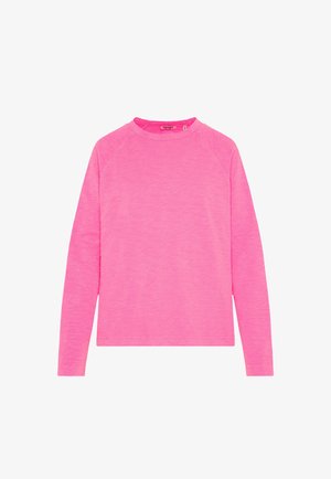 Long-sleeve pink crewneck shirt with a heathered texture, simple design, and raglan sleeves.