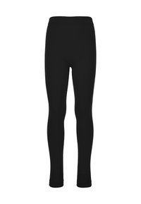 Sorte leggings lavet af strækbart stof med en glat tekstur, der har en høj talje og tætsiddende ankler. Ingen synlige mønstre eller hardware.