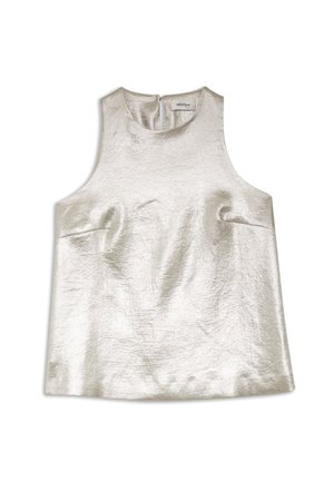 Mouwloos top in een glanzende zilveren stof, met een hoge halslijn, een gladde textuur en een discrete rits aan de achterkant.