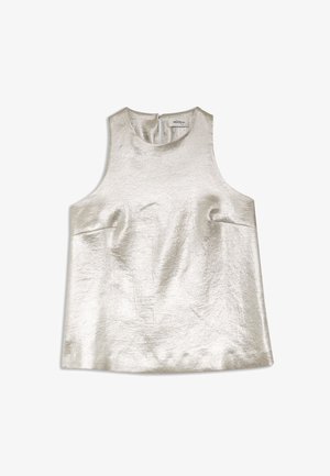 Mouwloos top in een glanzende zilveren stof, met een hoge halslijn, een gladde textuur en een discrete rits aan de achterkant.