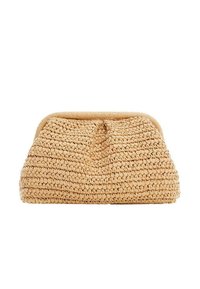 Sac à main en paille tressée de couleur beige, présentant une forme arrondie, une surface texturée et une fermeture supérieure avec une bordure en tissu.