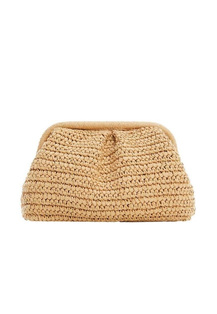 Sac à main en paille tressée de couleur beige, présentant une forme arrondie, une surface texturée et une fermeture supérieure avec une bordure en tissu.