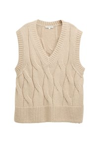 Gilet en tricot beige avec un décolleté en V, présentant un motif en câble sur le devant et un ourlet et des emmanchures côtelés. Sans manches.