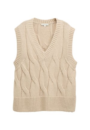 Gilet en tricot beige avec un décolleté en V, présentant un motif en câble sur le devant et un ourlet et des emmanchures côtelés. Sans manches.