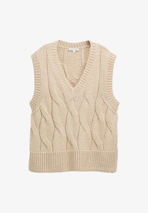 Beige gestrickte Weste mit V-Ausschnitt, die ein Zopfmuster an der Vorderseite sowie einen gerippten Saum und Armlöcher aufweist. Ohne Ärmel.