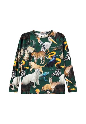 Tričko s dlouhým rukávem zelené barvy s koláží různých zvířat, včetně ledního medvěda, leoparda a hada. Měkká látka.