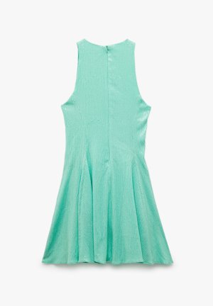 Abito senza maniche verde menta con gonna svasata, tessuto strutturato, chiusura con cerniera sul retro e una finitura liscia.