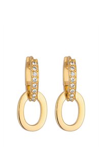 Goldene Creolenohrringe mit einem verknüpften, kreisförmigen Design, verziert mit klaren Steinen entlang der oberen Kante für zusätzliche Details und Glanz.