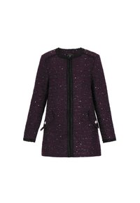Palton din tweed violet cu margini negre, material texturat, două buzunare frontale și accente argintii. Croială dreaptă și mâneci lungi cu margini desfăcute.