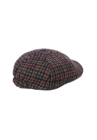 Wełniana czapka w wzór houndstooth z fioletowymi, zielonymi i czerwonymi odcieniami. O zaokrąglonym kształcie, z zakrzywionym daszkiem i teksturowanym wykończeniem.