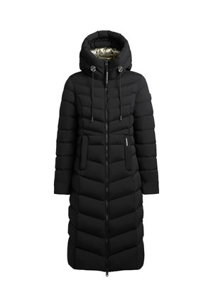 Dlouhý černý péřový kabát s kapucí, se zapínáním na zip, elastickými šňůrkami, diagonálně prošívaným vzorem a zlatou podšívkou.