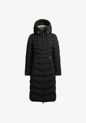 Dlouhý černý péřový kabát s kapucí, se zapínáním na zip, elastickými šňůrkami, diagonálně prošívaným vzorem a zlatou podšívkou.