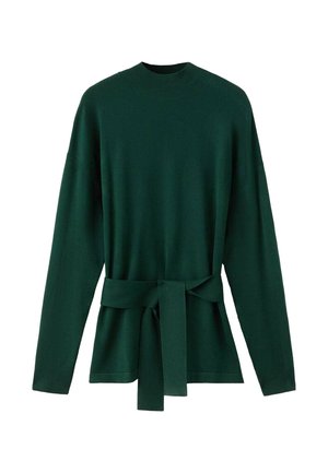 Pulover verde tricotat cu guler înalt, mâneci lungi și un cordon legat în talie. Textură netedă și croială lejeră.