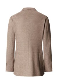 Bruine, gestructureerde blazer met lange mouwen, een reverskraag met inkeping en een enkele naad aan de achterkant, getoond van achteren tegen een witte achtergrond.