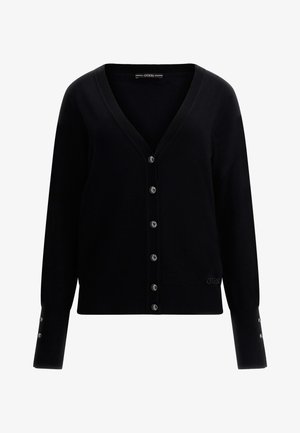 Sort cardigan lavet af strikket stof, med V-hals, knaplukning og dekorative knapper på ærmerne. Diskret logo-detalje ved kanten.