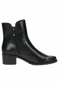 Botas de tobillo de cuero negro con cremallera lateral, punta redondeada y tacón bajo de bloque. Textura suave y diseño elegante, ideales para un uso versátil.