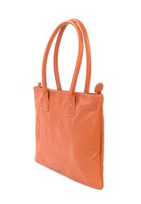 Borsa a tracolla in pelle arancione con una forma strutturata, due manici e dettagli di cucitura visibili. Texture liscia con una finitura morbida.
