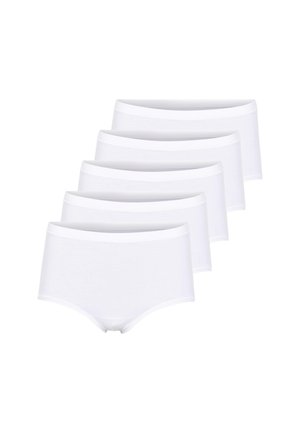 Five white women's boxer briefs arranged diagonally on a white background, showing the front and waistband clearly.