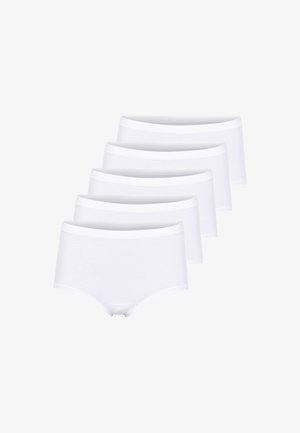 Fem hvide dame-boxershorts arrangeret diagonalt på en hvid baggrund, der tydeligt viser fronten og linningen.