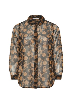Musta läpinäkyvä nappipaita, jossa on vaaleanruskea kukkakuosi. Ominaisuuksiin kuuluu kaulus, pitkät hihat ja slim fit -mitoitus, jolla on sileä rakenne.