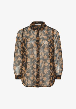 Zwarte doorzichtige overhemd met knopen en een bloemmotief in lichtbruin. Heeft een kraag, lange mouwen en een slim fit met een gladde textuur.