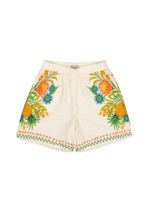 Pantalones cortos bordados en algodón crema. Presentan diseños florales coloridos en naranja, amarillo, azul y verde, con un dobladillo estampado. Cintura elástica.