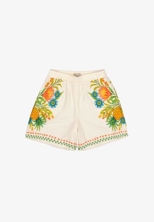 Geborduurde korte broek in crèmekleurige katoen. Heeft kleurrijke bloemmotieven in oranje, geel, blauw en groen, met een patroon aan de zoom. Elastische tailleband.