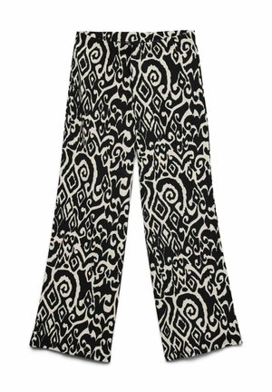 Bukser med vide ben i sort og creme med et abstrakt mønster bestående af swirl- og diamantmotiver. Fremstillet i et struktureret stof med elastik i taljen.