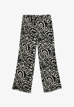 Bukser med vide ben i sort og creme med et abstrakt mønster bestående af swirl- og diamantmotiver. Fremstillet i et struktureret stof med elastik i taljen.
