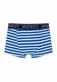 Plave i bijele prugaste bokserice s tamnoplavim elastičnim pojasom na kojem se nalazi logo "MINOTI". Glatki pamučni materijal, pravokutni oblik i prilagođeni dizajn.