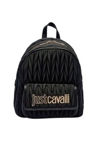 Zaino nero trapuntato con chiusura a zip, caratterizzato da un logo prominente. Progettato con tessuto testurizzato e forma arrotondata.