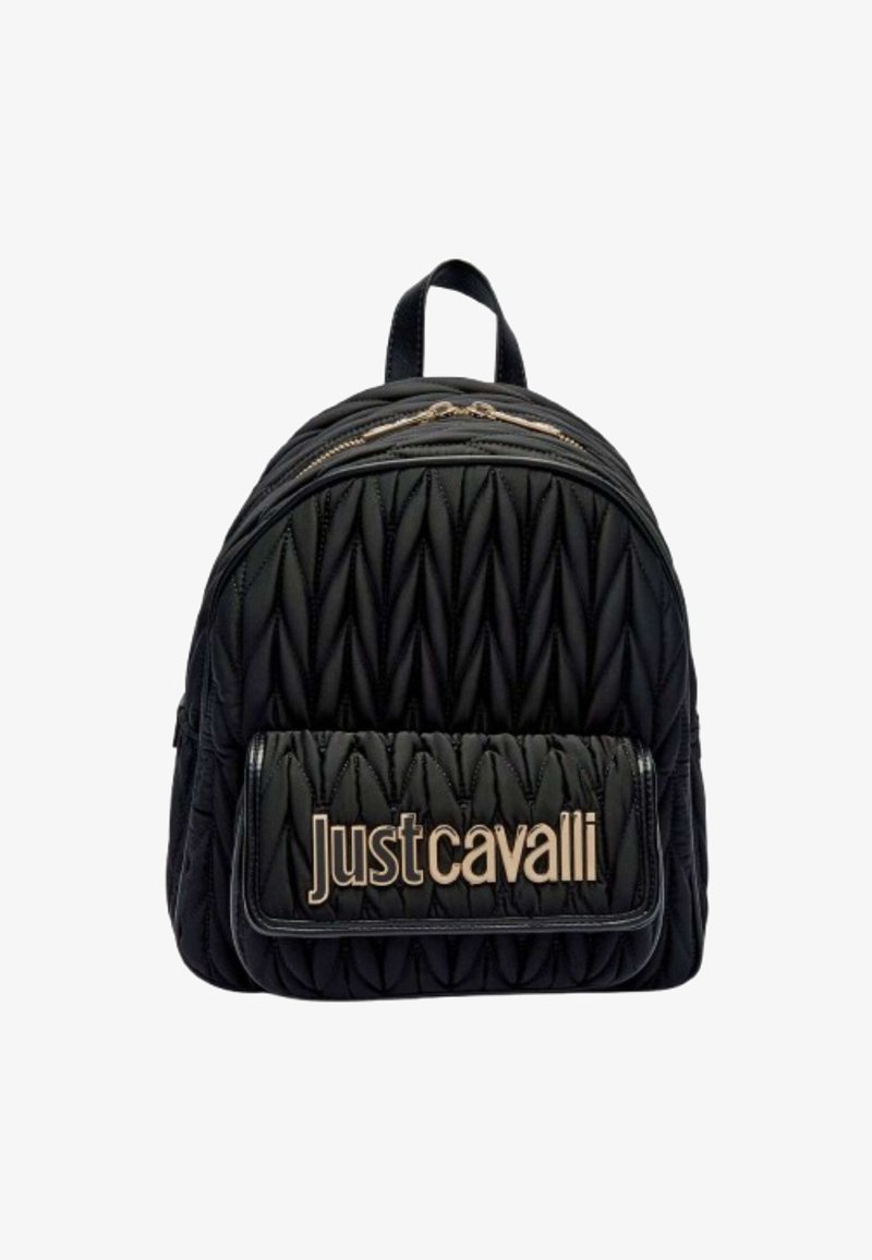 Zaino nero trapuntato con chiusura a zip, caratterizzato da un logo prominente. Progettato con tessuto testurizzato e forma arrotondata.