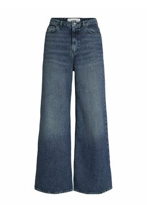 Wijdbenige donkerblauwe denim jeans met een hoge taille, vijf zakken, en vervaagde details, met een knoopsluiting en riemlussen.