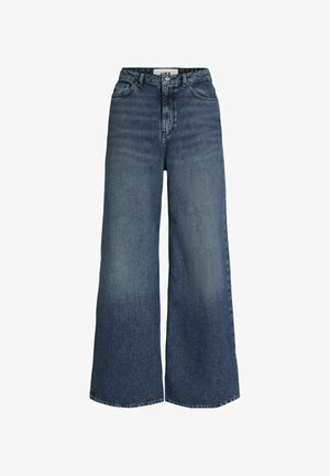 Laia-säärtega tumesinised denimpüksid kõrgema vöökohaga, viie taskuga disain, pleekinud detailid, nööbi sulgemine ja vöörihmade jaoks silmad.