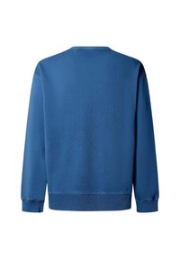 Sweat-shirt à manches longues bleu uni avec col rond, vu de dos, avec poignets et ourlet côtelés.