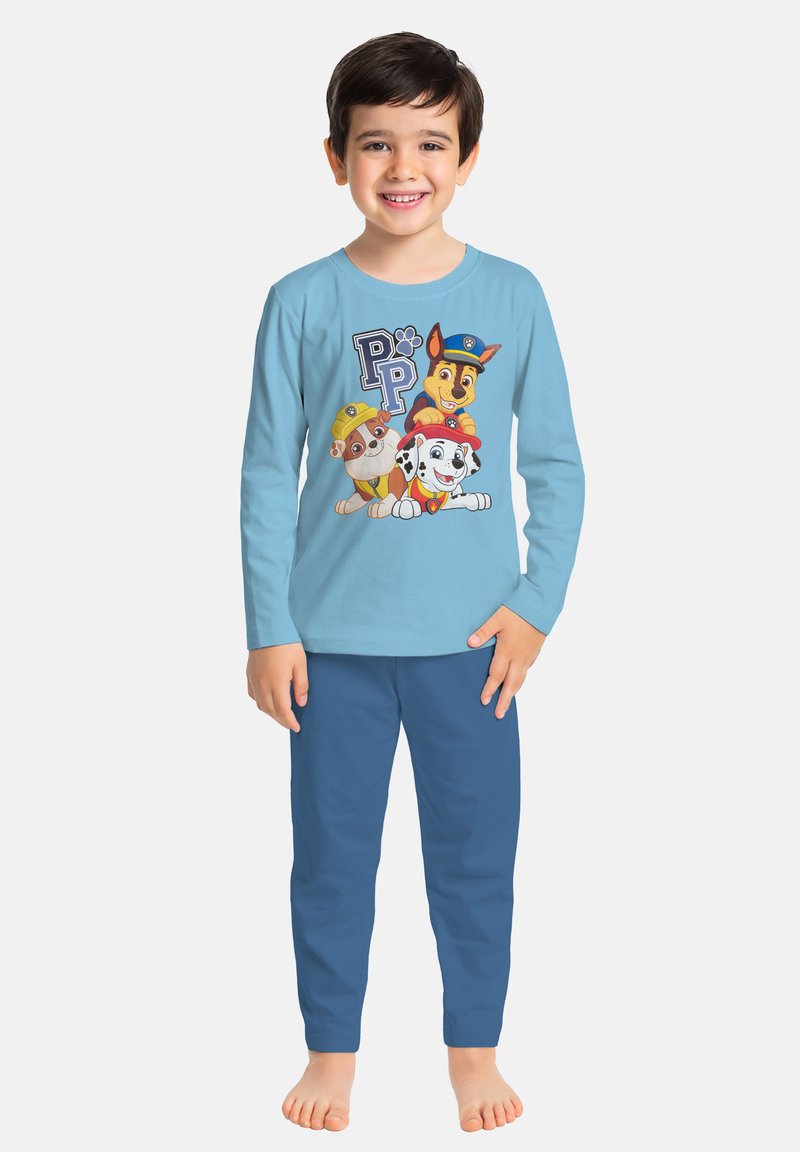 Maglia da pigiama a maniche lunghe blu con personaggi di cani dei cartoni animati e scritte, abbinata a pantaloni blu. Tessuto morbido, vestibilità comoda per i bambini.