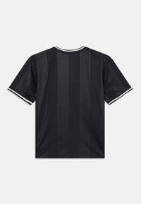 Black short-sleeve sports jersey with subtle vertical stripes, crew neck, and white trim on collar and sleeve cuffs, shown from the back.