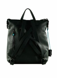 Sac à dos en cuir noir texturé avec plusieurs sangles, une poignée supérieure, une poche zippée sur le côté et un détail d'accent turquoise. Forme carrée avec un matériel minimal.