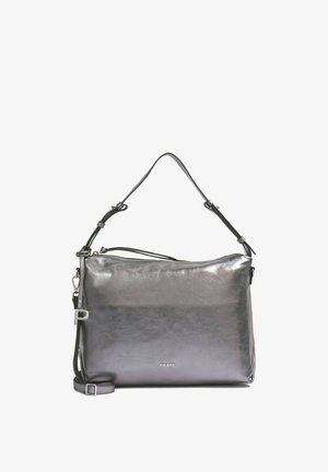 Sac à main rectangulaire gris métallique brillant avec bandoulière réglable, fermeture éclair et logo "PICARD" au centre devant.