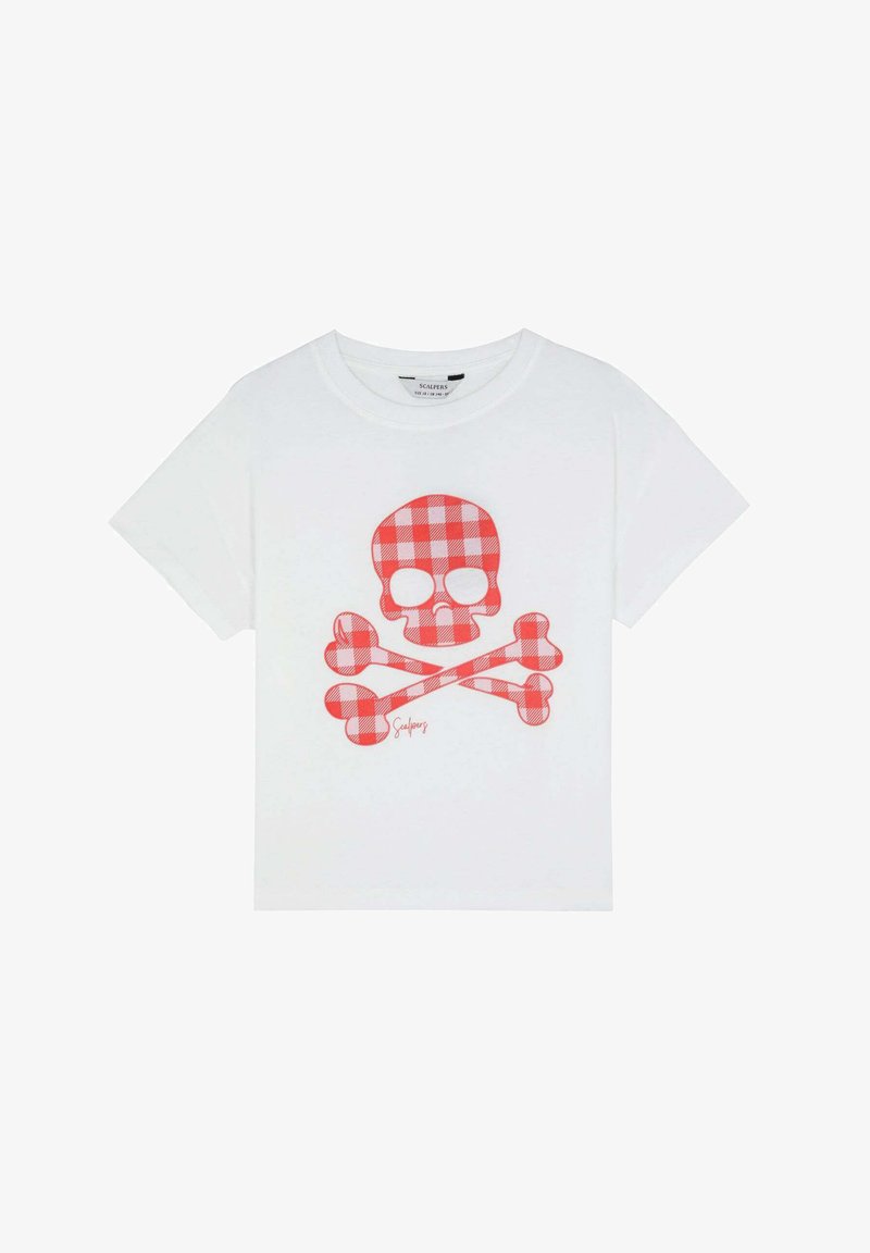 T-shirt bianco in cotone con una grafica di teschio e tibie a scacchi rossi sul davanti. Collo a giro e maniche corte.