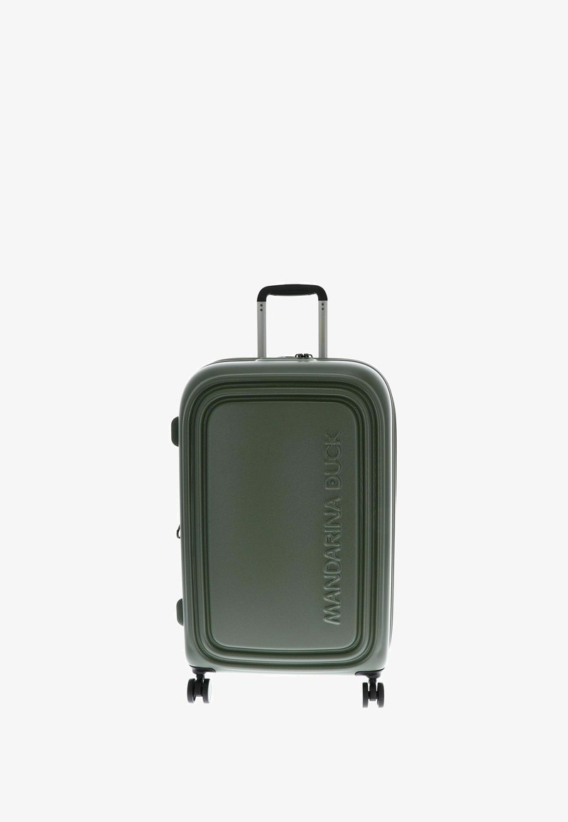Maleta rígida verde oscuro con asa telescópica, cuatro ruedas giratorias y "MANDARINA DUCK" grabado en el panel delantero.