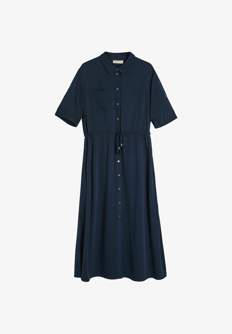 Granatowa, krótka sukienka z kołnierzykiem, z przodem na guziki i sznurkiem w talii. Posiada kieszeń na piersi oraz zwiewny dół.