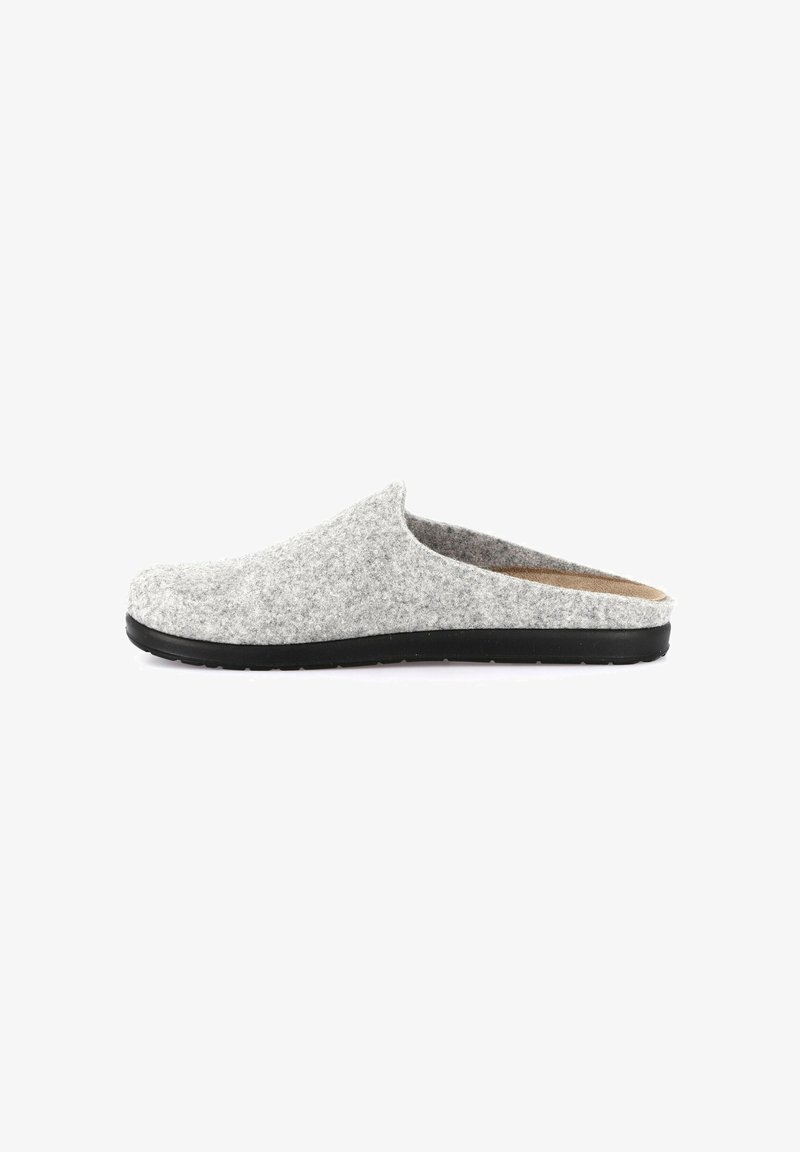 Scarpa slip-on grigia con punta arrotondata, tacco aperto e suola in gomma nera. Texture liscia e design semplice senza decorazioni visibili.