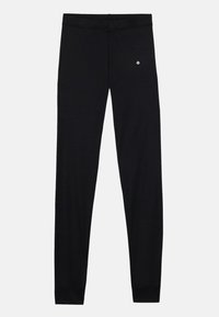 Leggings noirs avec une taille élastique, design tapered, et un petit logo blanc près de la taille. Fabriqués à partir d'un tissu lisse.