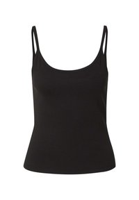 Zwarte geribbelde tanktop met dunne spaghettibandjes, aansluitend ontwerp en een ronde halslijn; gladde textuur met een effen kleur, zonder versieringen.