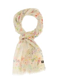 Lightweight, cream scarf with multicolored floral print. Features delicate fringe edges and a small brand label at the bottom.